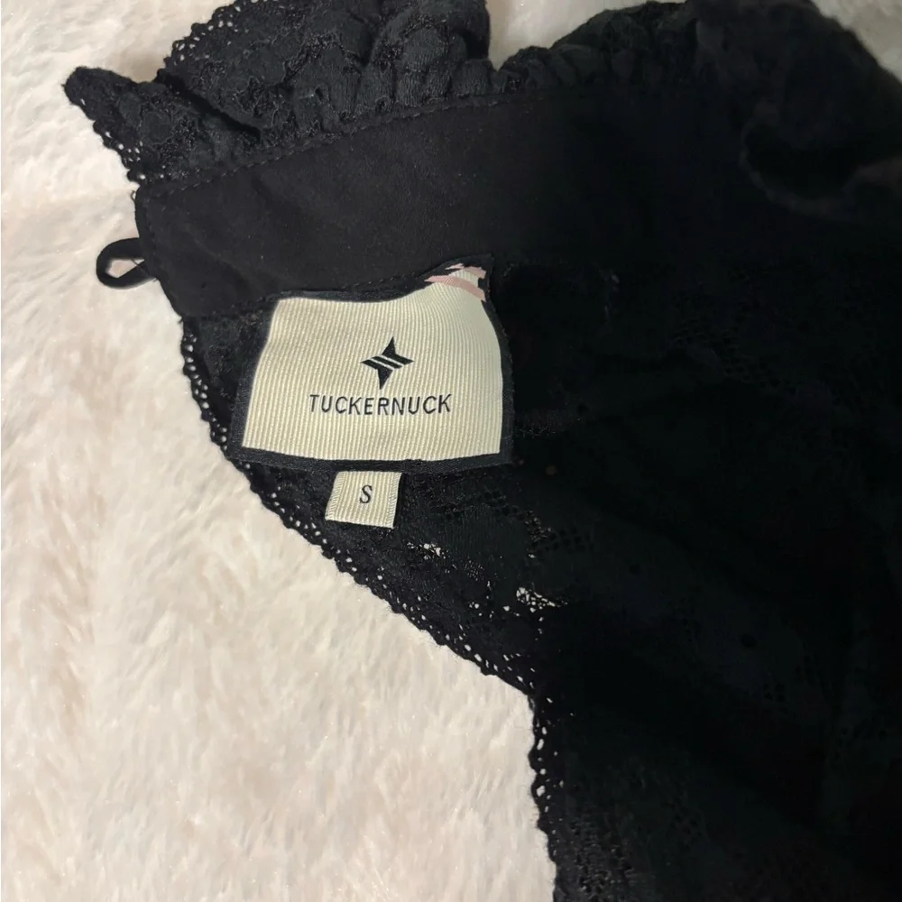 Tuckernuck Black Lace High-Neck Sheer Puff-Sleeve Quiet Luxury Blouse